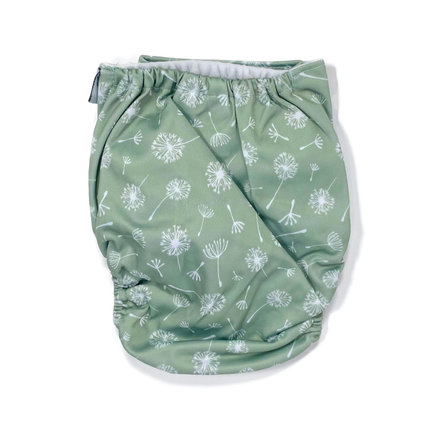 An adjustable reusable nappy for babies and toddlers, featuring a green dandelion design, with images of dandelion seeds on a green background. View shows the back of the nappy.